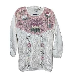 Vintage Floral Hand Knitted Sweater Classic Elements Grandma Cottagecore sz M